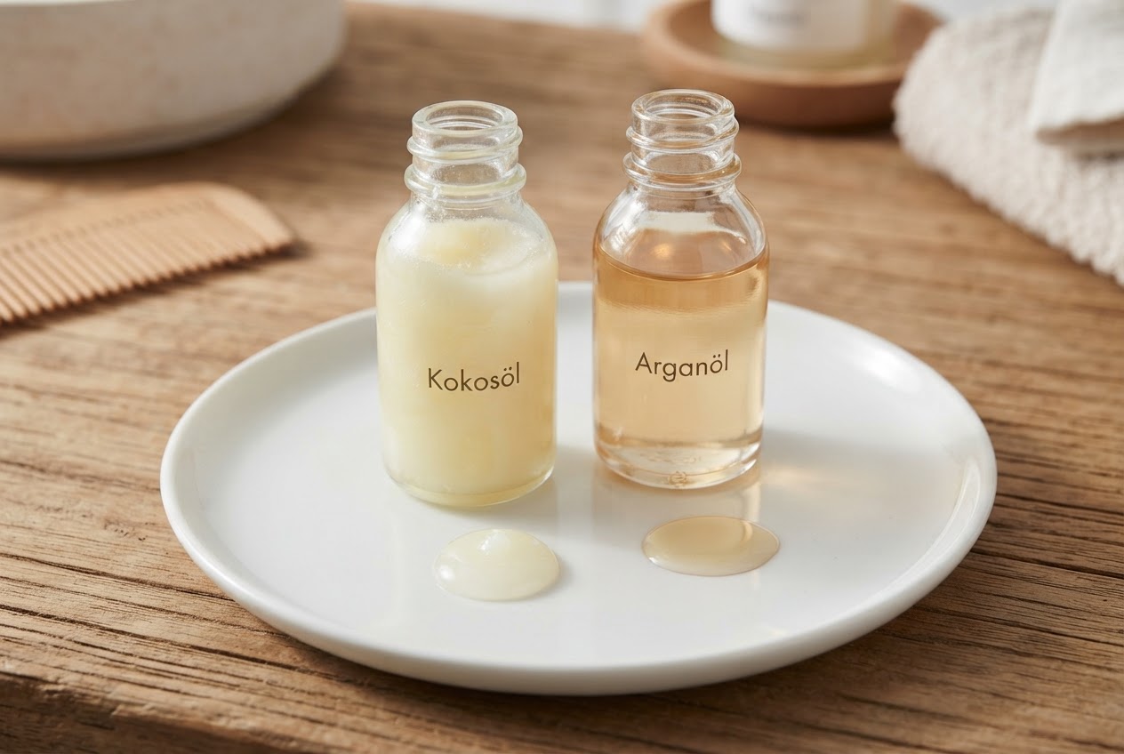 Two small glass bottles of oil side by side, one with thick coconut oil and one with light argan oil, with droplets showing different textures on a white surface.