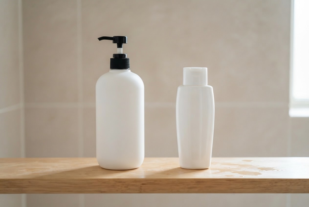 Two shampoo bottles side by side on a shelf: one plain white bottle for daily use and one with a prominent cap for medicated treatment.