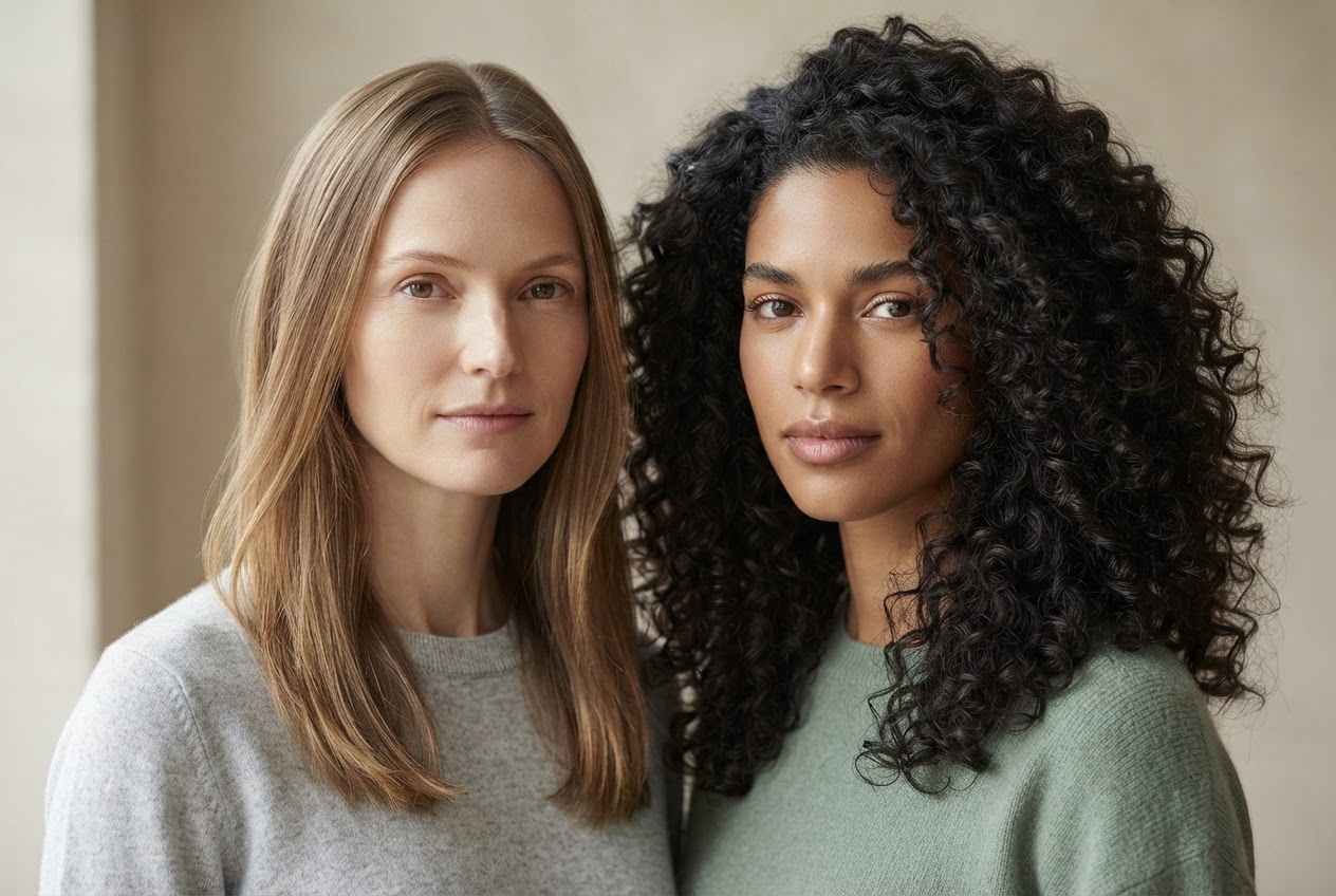 Zwei Frauen mit unterschiedlichen Haartypen – eine mit feinem, glattem Haar und eine mit dicken, lockigen Haaren – nebeneinander.