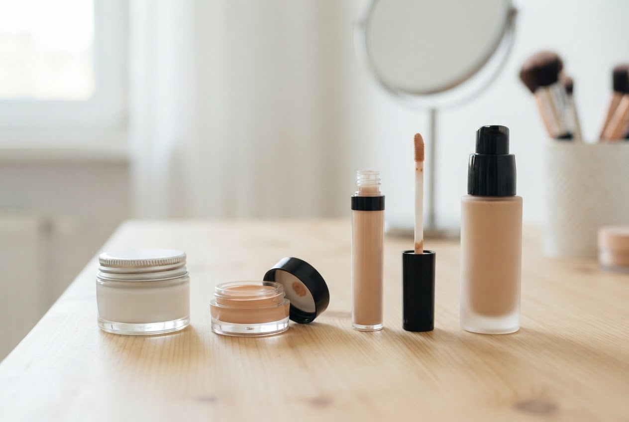 Unbeschriftete Pflege-, Corrector-, Concealer- und Foundation-Produkte stehen in einer geordneten Reihe auf einem Schminktisch.