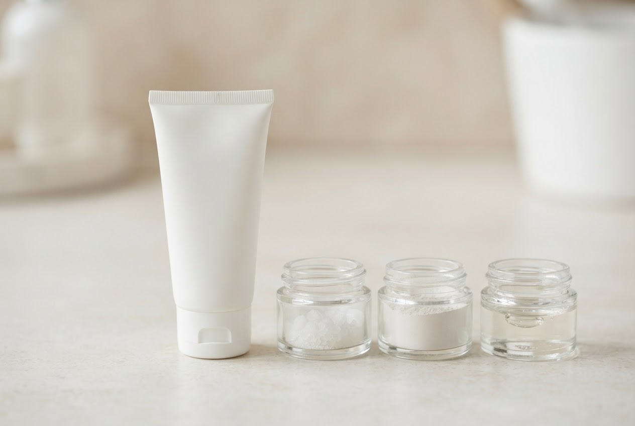 Unbeschriftete Tube einer Peeling-Creme neben kleinen offenen Behältern mit Urea, Salicylsäure und Milchsäure