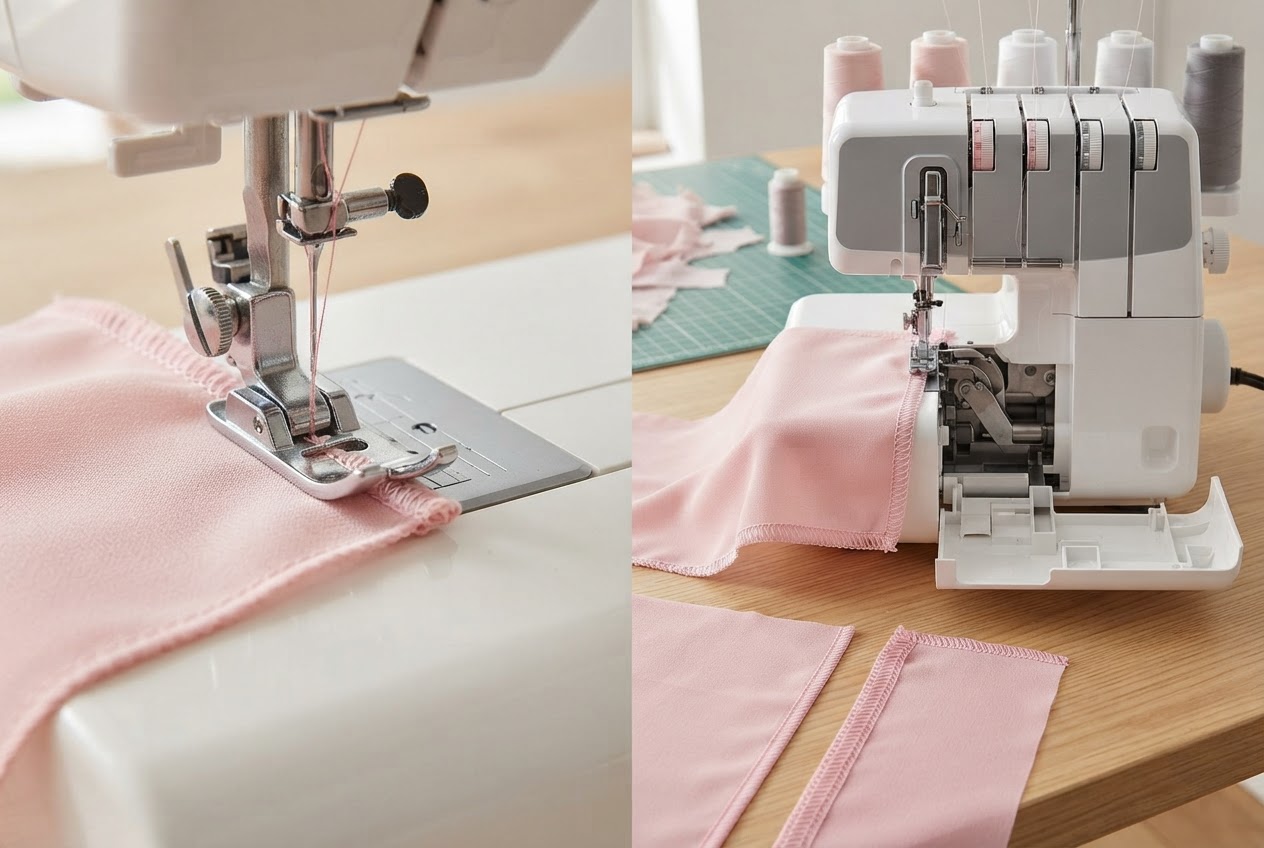 Ein Rollsaumfuß und eine Overlockmaschine stehen neben zwei Chiffonproben mit unterschiedlich verarbeiteten Kanten.