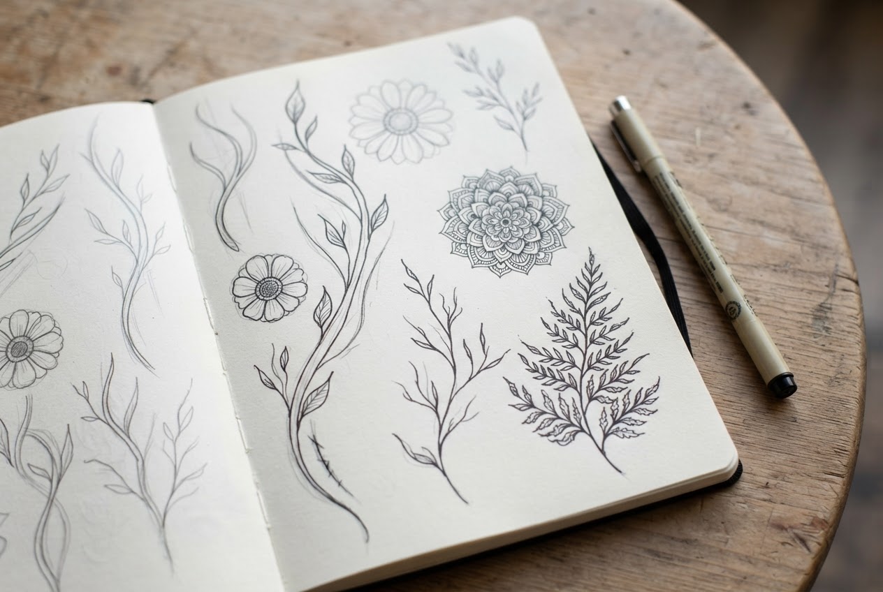 Skizzenbuch mit botanischen und abstrakten Entwürfen, die längliche, rundliche und verzweigte Formen aufnehmen.