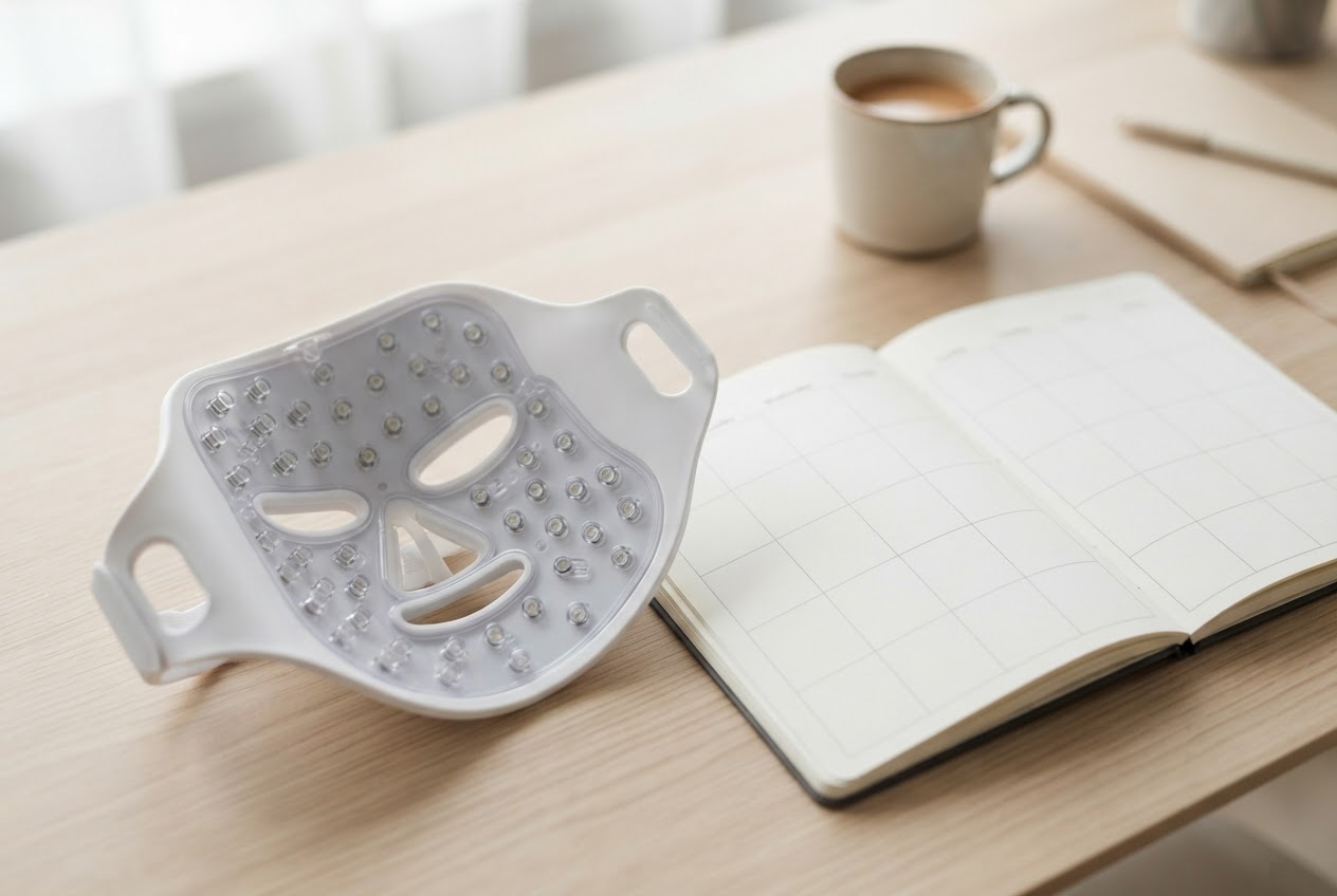 Unmarkierte LED-Maske liegt neben einem leeren, unmarkierten Wochenkalender.