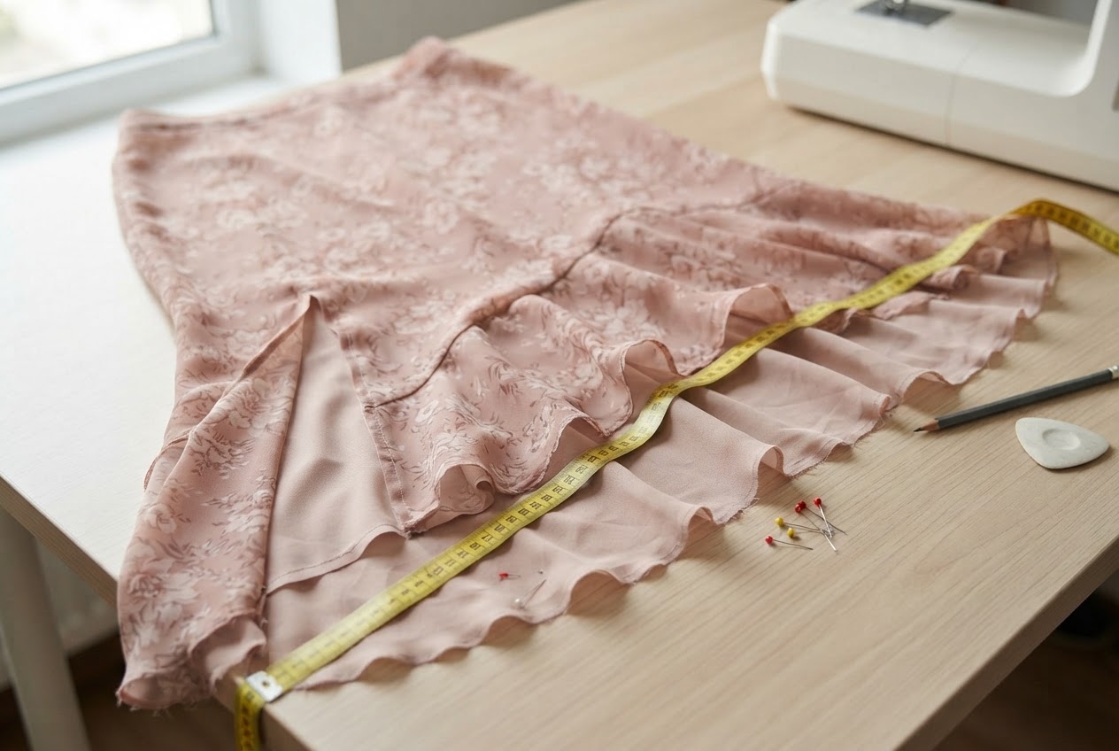 Ein Chiffonrock mit Volant und Schlitz liegt zur Prüfung auf einem Tisch; die unregelmäßige Saumform ist sichtbar.