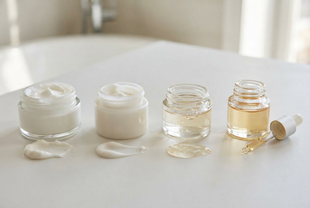 Creme, Lotion, Serum und Öl stehen als unterschiedliche Pflegeprodukte nebeneinander.