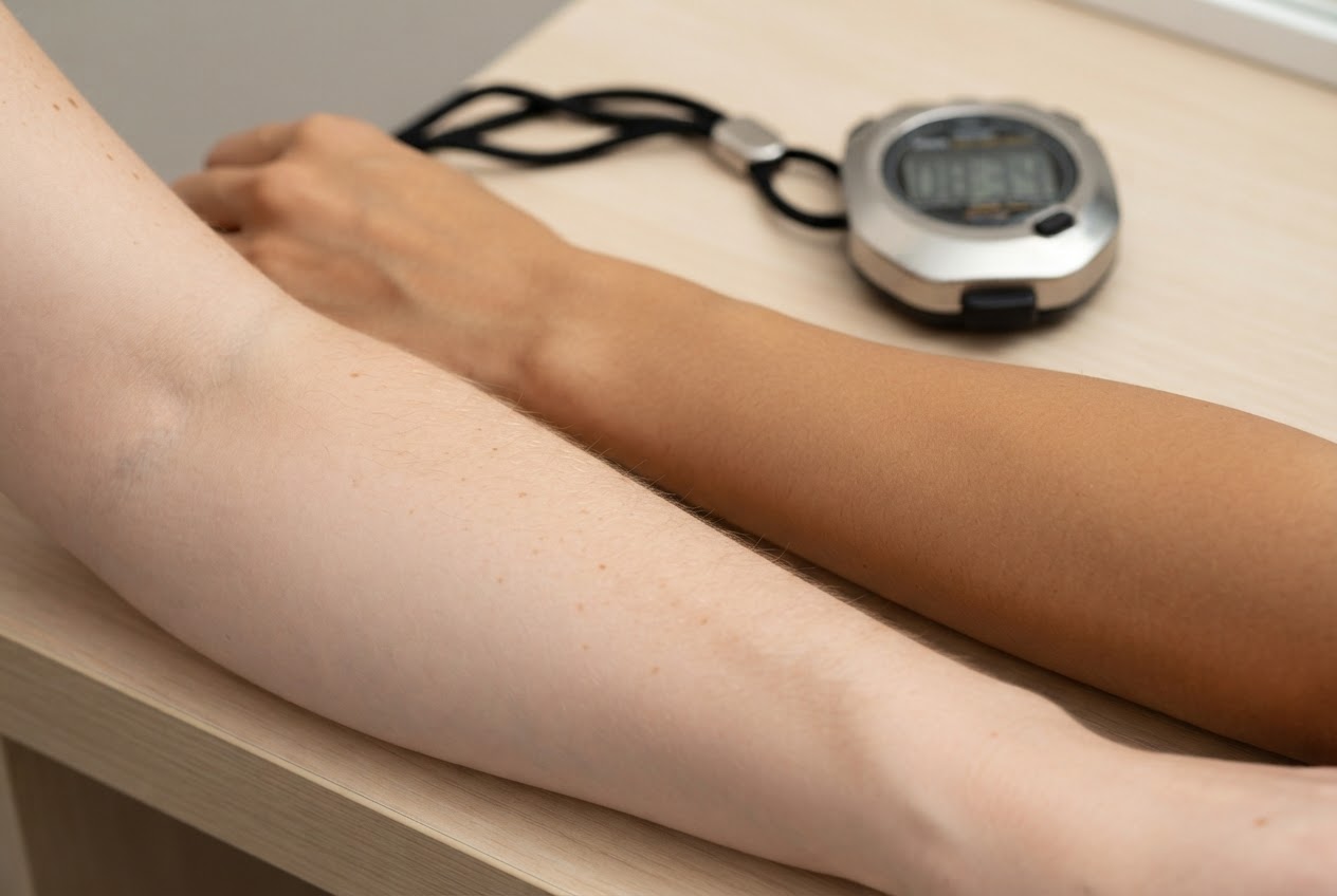 Zwei Unterarme mit unterschiedlichen Hauttönen nebeneinander, im Hintergrund eine Uhr.