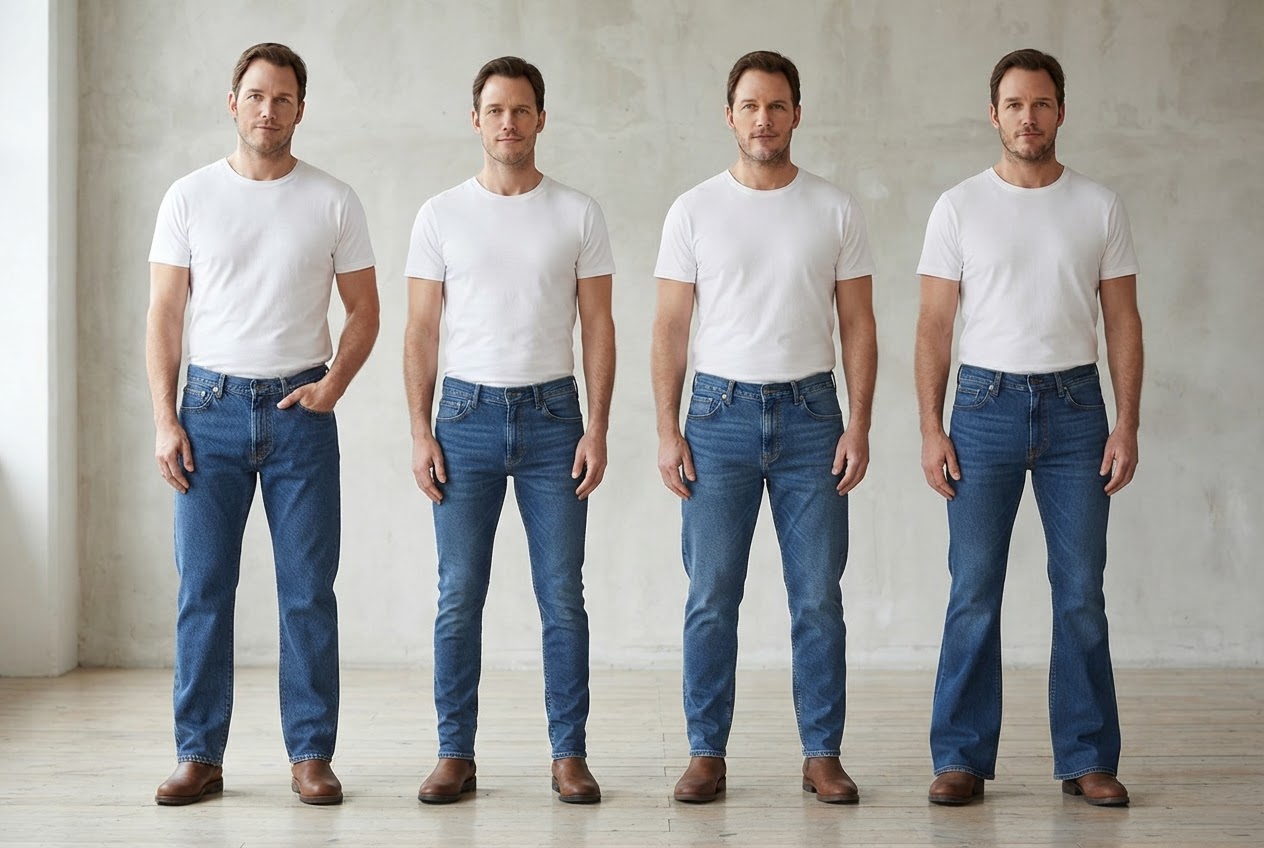 Vier Männer stehen nebeneinander in Jeans mit geradem, schmalem, zum Knöchel hin enger werdendem und ausgestelltem Beinverlauf.