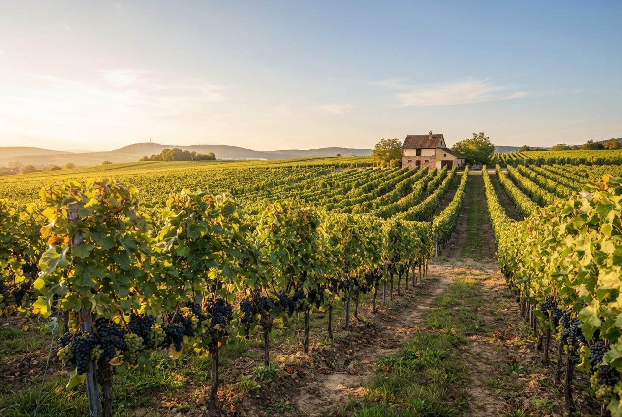 Vineyard with grapevines and a small production building in the background.