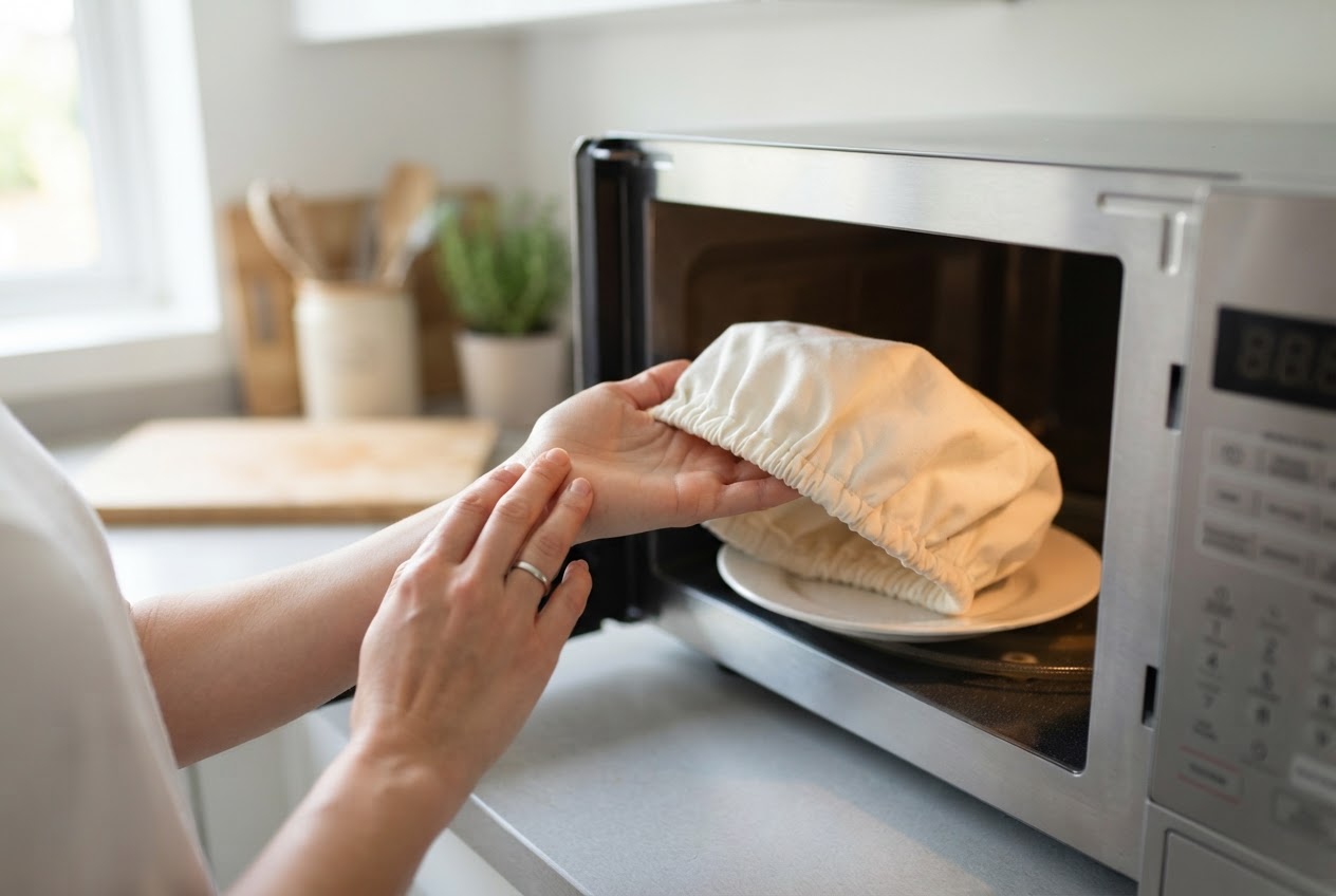 A reusable shampoo cap being warmed in a microwave, with a hand testing the temperature on the wrist.