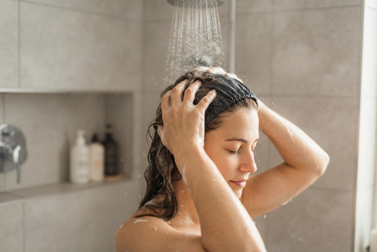 A person standing under a shower, wet hair being washed with hands.