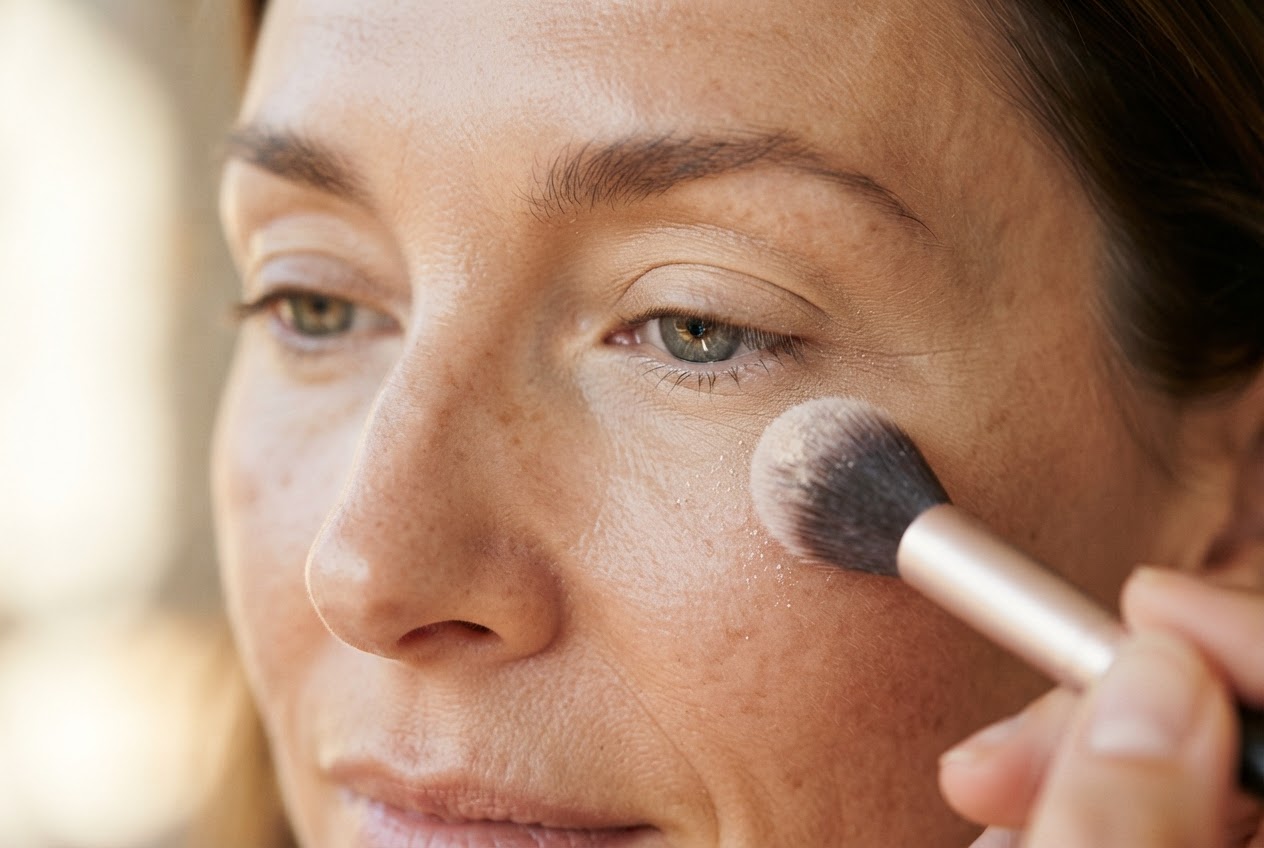 Ein weicher Pinsel nimmt nur wenig Puder auf und schwebt nahe der Augenpartie, auf der eine dünne Concealer-Schicht sitzt.