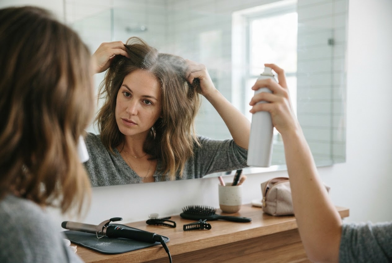 A woman applying dry shampoo to her hair roots, with a mirror reflection and styling tools nearby.