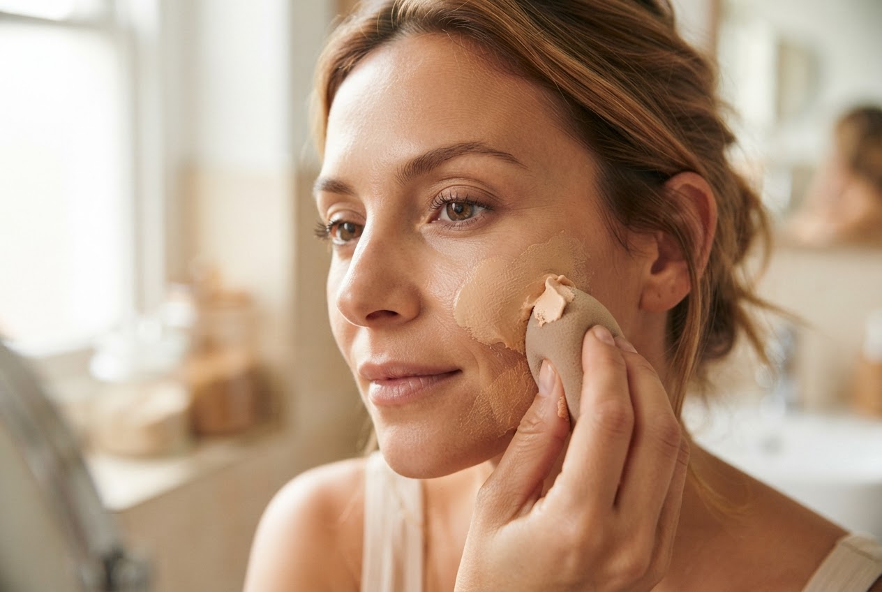 Woman applying makeup mousse with a sponge.