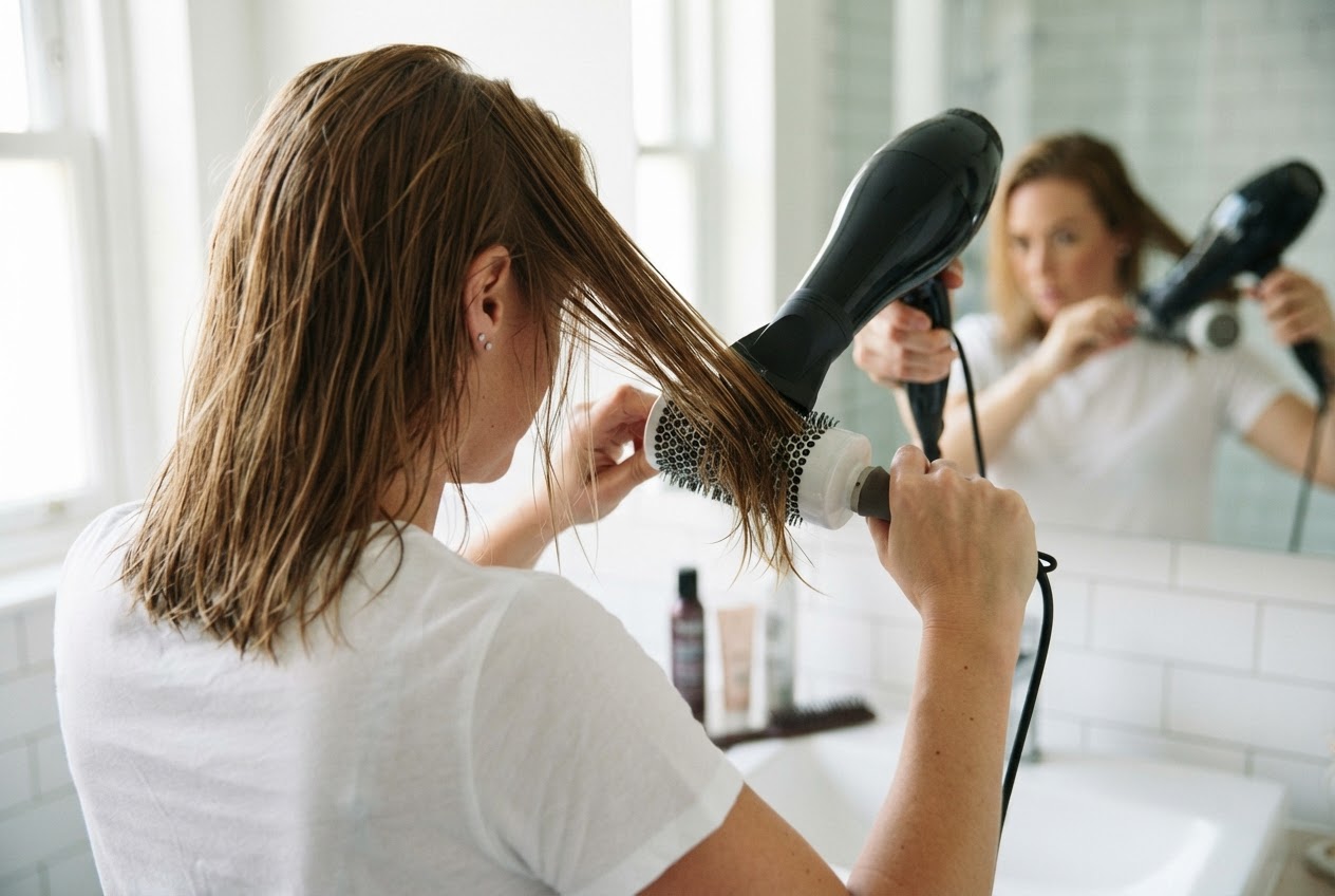 A woman blow-drying a section of hair with a round brush, hair slightly damp, hairdryer with nozzle aimed along the brush.