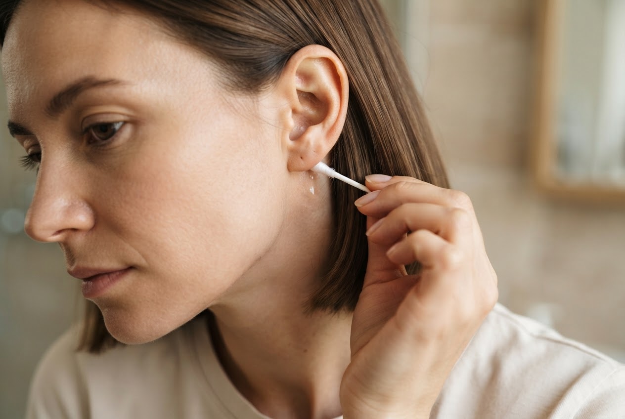 A woman applies a drop of AHA liquid behind her ear with a cotton swab, showing the test site.