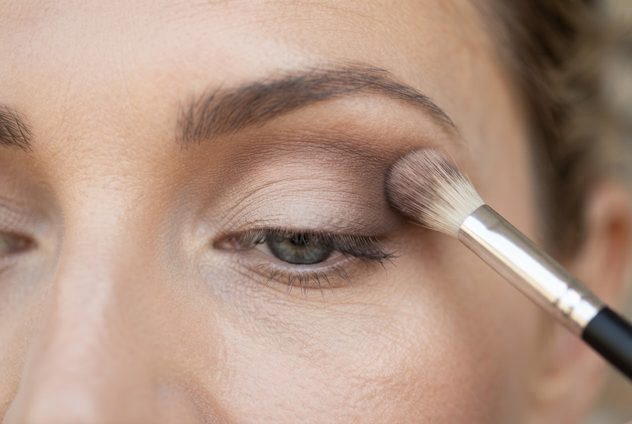 Close-up of an eye with eyeshadow brush applying a neutral tone to the lid and a darker shade to the crease.