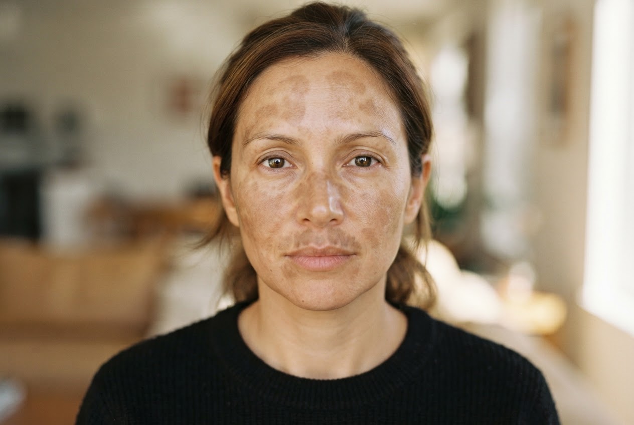 Woman's face with symmetrical brown patches on her cheeks and forehead.