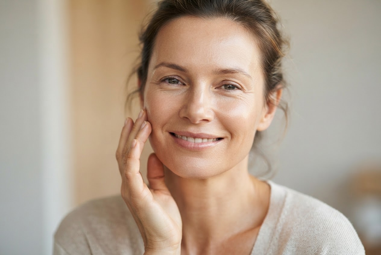 A face of a woman with even skin tone, touching her cheek gently.