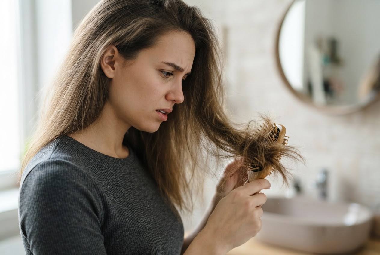 Woman with frizzy hair struggling to comb through tangles