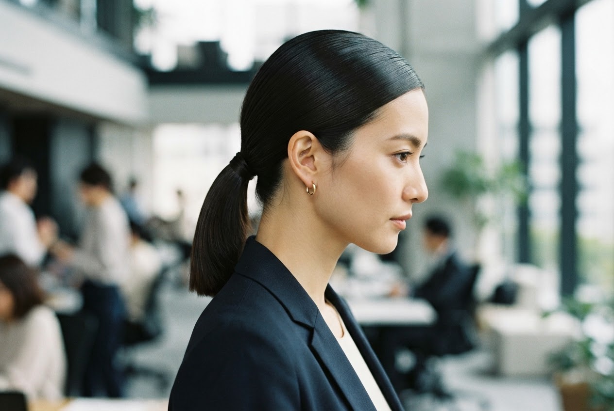 A woman with a sleek low ponytail, hair pulled back smoothly, side profile with office or neutral backdrop.