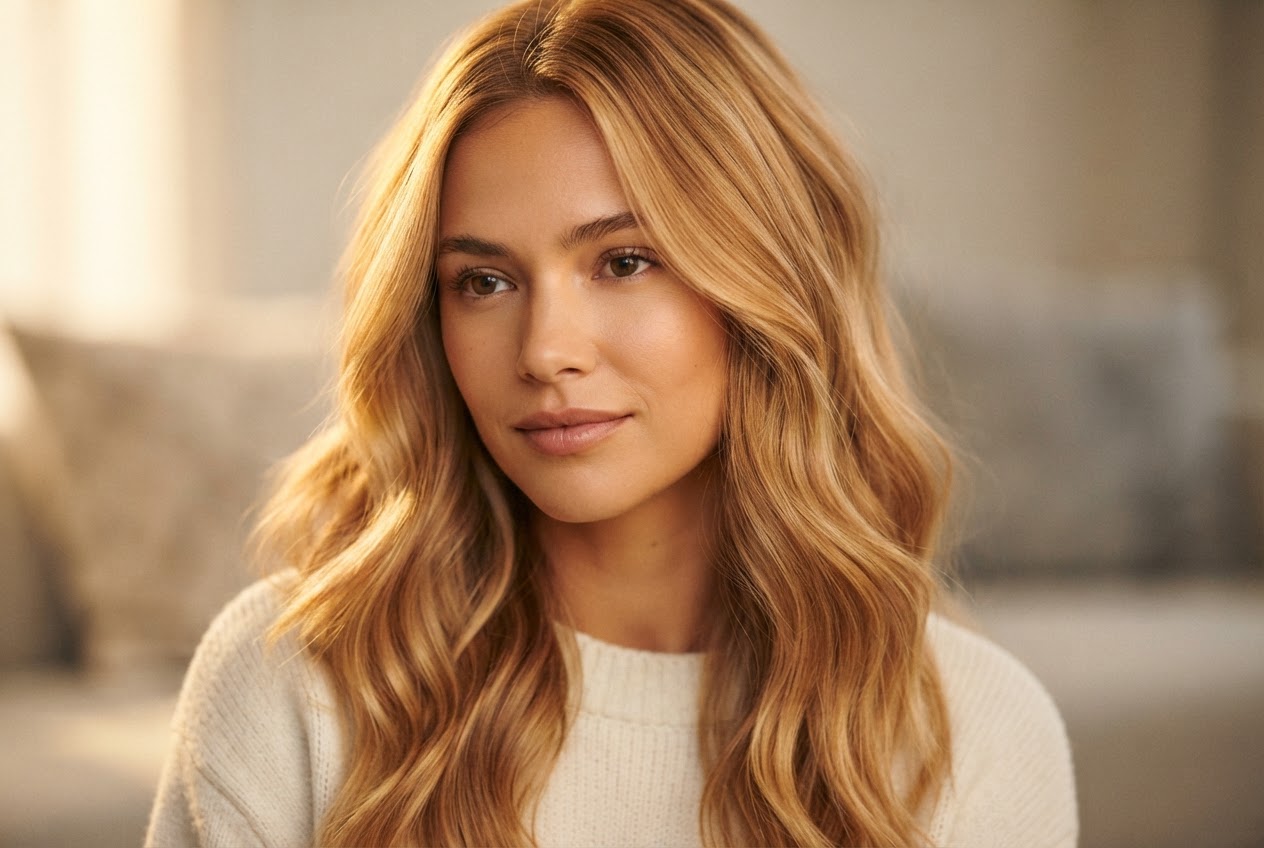 A woman with warm teddy bear blonde hair, softly glowing in natural light.