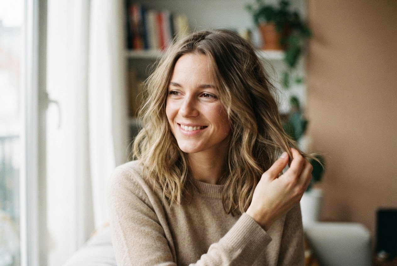 A woman with soft, tousled beach waves, hand tousling hair, in natural light.
