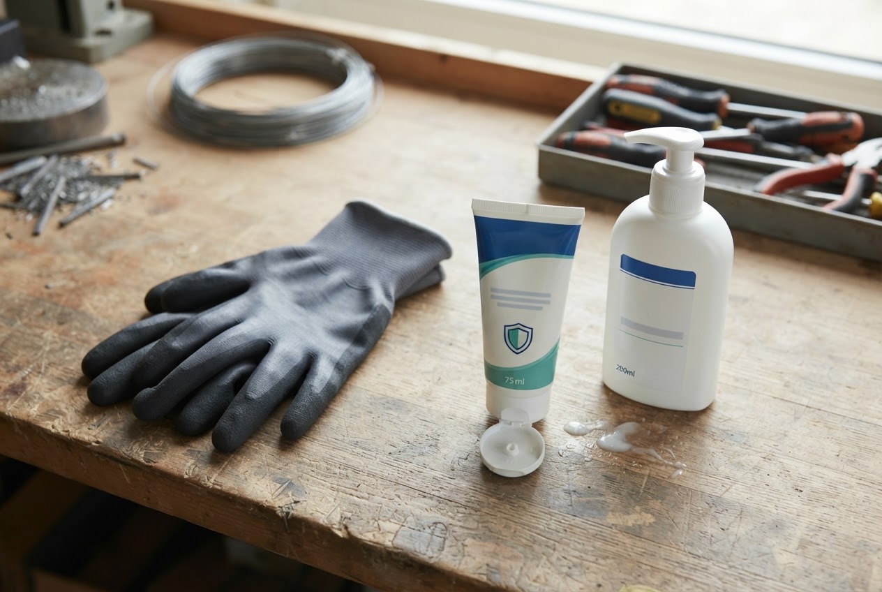 Work gloves, a tube of protective cream, and hand care products arranged on a workbench.