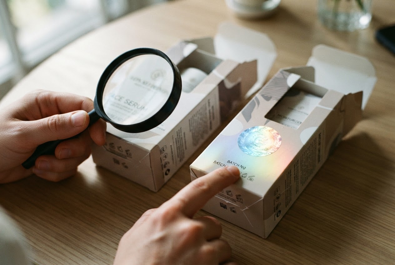 Zwei Kosmetikverpackungen liegen nebeneinander, eine Hand vergleicht Logo und Seriennummer, ein Hologramm-Siegel reflektiert Licht.