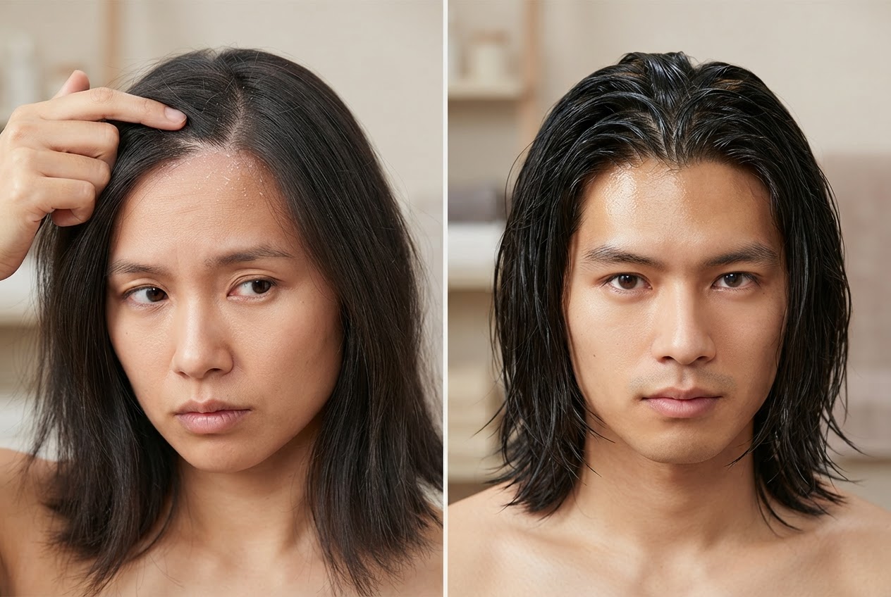 Vergleichsbild mit zwei Personen: eine trockene, schuppige Kopfhaut links und eine fettig glänzende Haarpracht rechts.