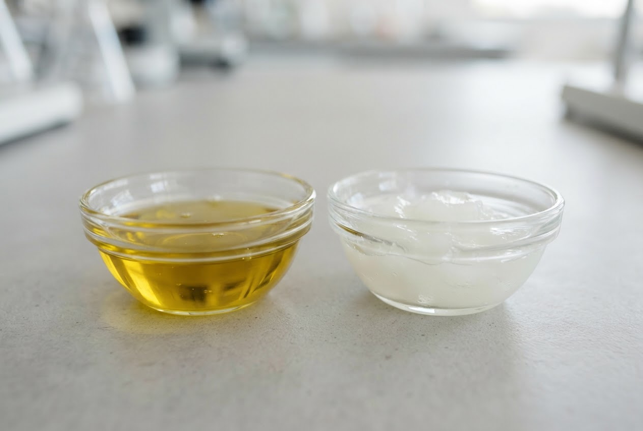 Zwei kleine Schalen, eine mit Olivenöl und eine mit Vaseline, auf einem weißen Labortisch.