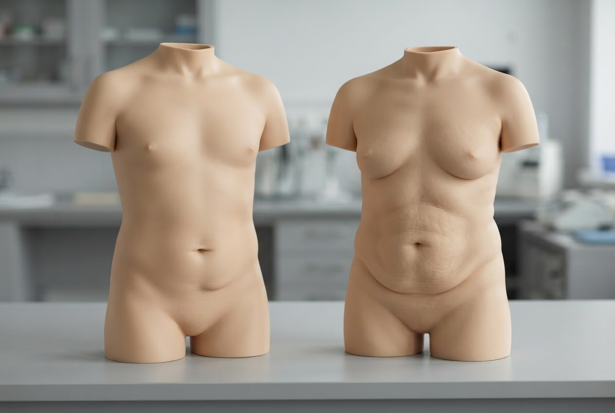 Zwei unbeschriftete medizinische Torsomodelle zeigen unterschiedliche Verteilungen von Hauterschlaffung am Bauch.