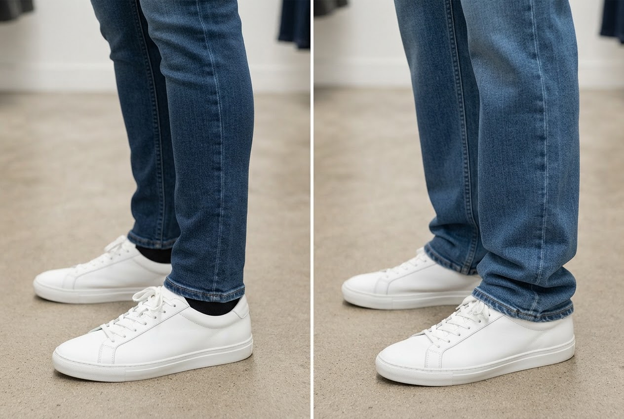Zwei Jeanssäume zeigen unterschiedliche Längen: einer endet sauber am Knöchel, der andere liegt teilweise auf dem Schuh auf.