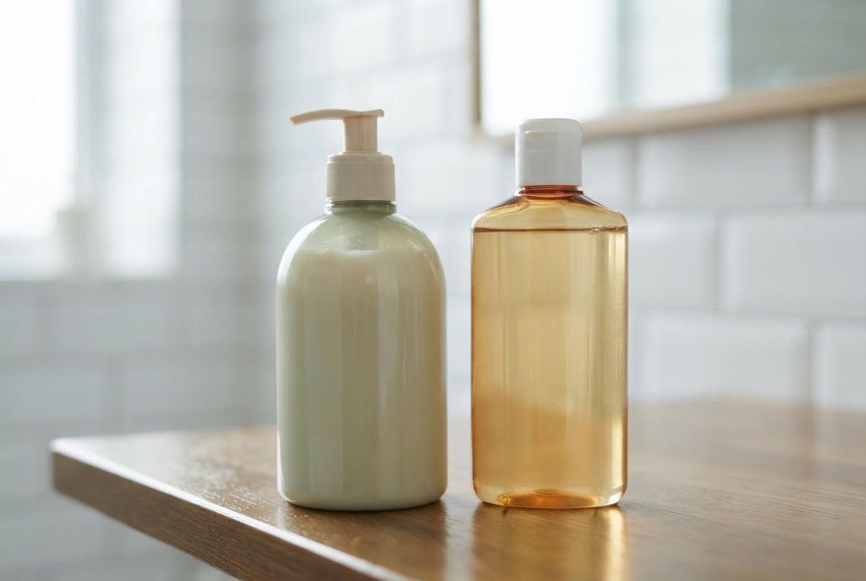 Zwei Flaschen mit Shampoo, eine mit cremiger Konsistenz und eine mit klarer Flüssigkeit, nebeneinander auf einem Badezimmerregal.