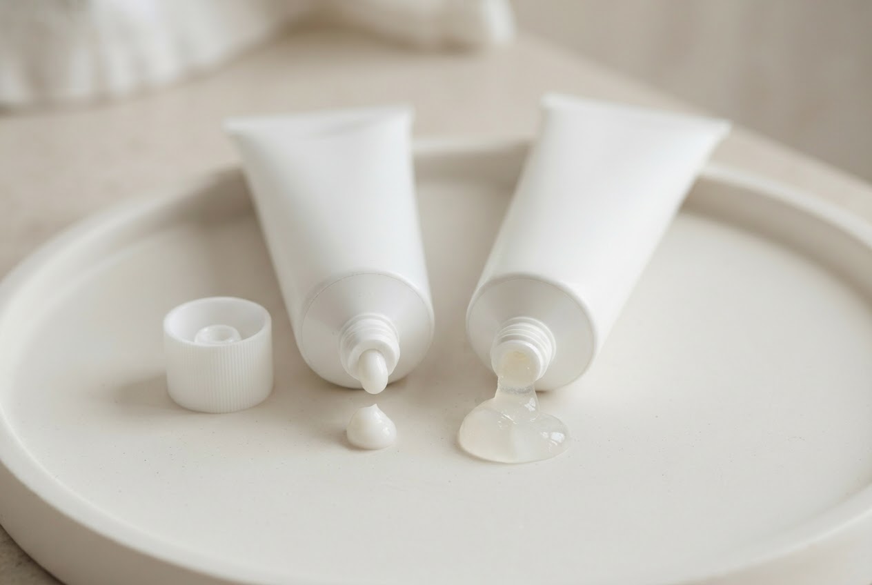 Zwei weiße, unbeschriftete Tuben nebeneinander: eine Creme-Tube und eine Gel-Tube auf einer sauberen, hellen Oberfläche